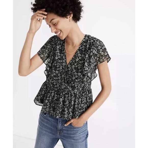 Madewell Top Women XXS Faux Wrap Ruffle Peplum Dark Green Floral Cottagecore - Picture 1 of 12